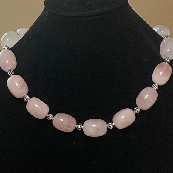 Beaded Rose Quartz Necklace, Pink Genuine Large Gemstone Choker - Picture 2 of 12